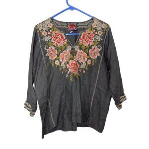 Johnny Was Cecile Linen Embroidered Gray Floral Peasant Blouse 3/4 Sleeve Boho S